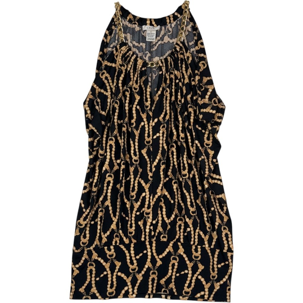 Cache Halter Top Medium Black Gold Chain Link Print Luxury Glam Sleeveless